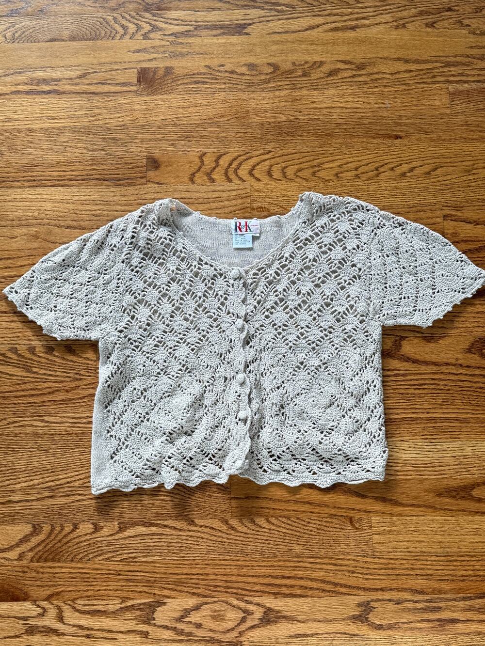 Vtg R & K 90's Crochet Grandma Cottagecore Cotton/Ramie 14 Cardigan Sweater
